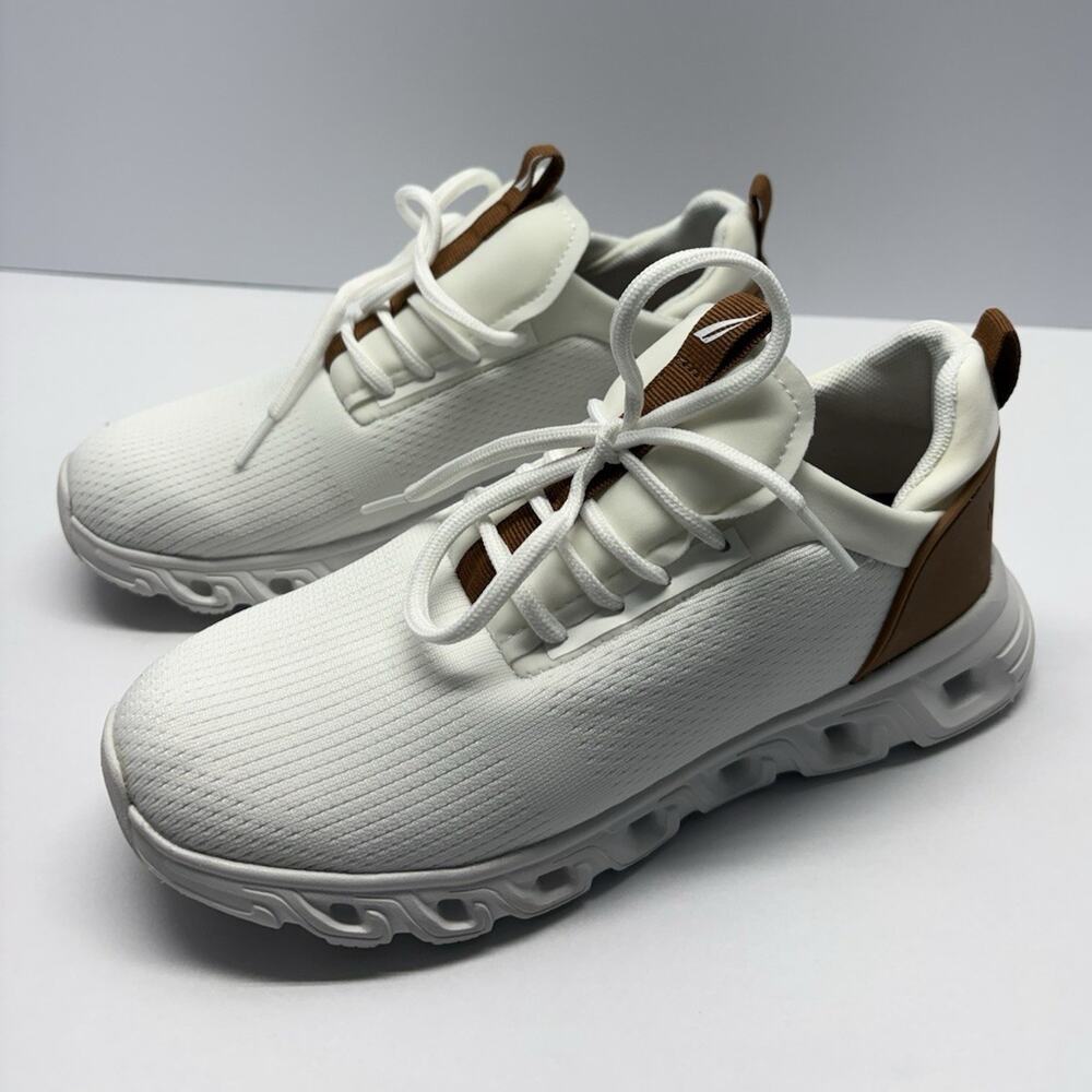 Nautica Low Top Lace-Up Athletic Sneakers White/Brown Solid Comfort Walking